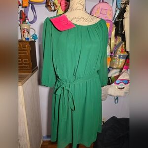Enfocus Dress Green Swing Ruffles Peek A Boo Shoulders Shoulder Slit Sheer 16W
